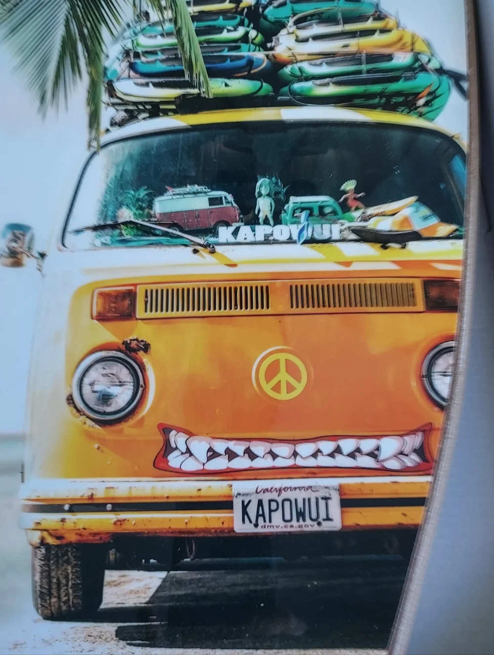 Surf Wall Art in a Tropical Beach Setting w a Classic VW Van. New in Box 38x13.